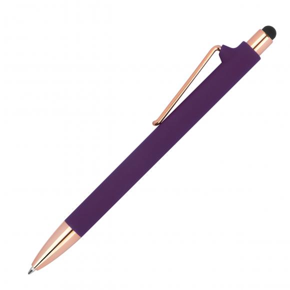 Touchpen-Kugelschreiber aus Metall / gummiert / Farbe: roségold-lila