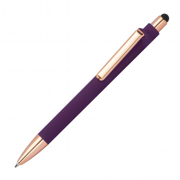 Touchpen-Kugelschreiber aus Metall / gummiert / Farbe: roségold-lila