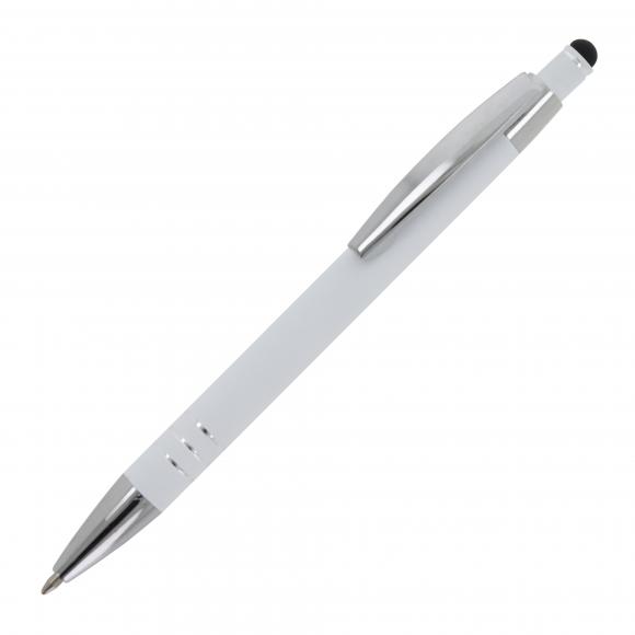 Touchpen Kugelschreiber mit Gravur / aus Metall / mit Soft-Touch / Farbe: weiß