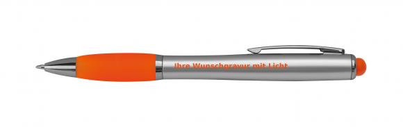 Touchpen Kugelschreiber mit Gravur im farbigen LED Licht / Farbe: silber-orange