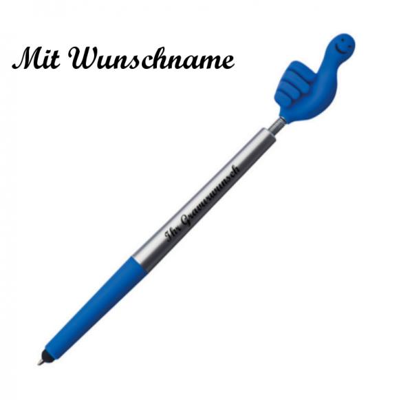 Touchpen Kugelschreiber mit Namensgravur - "Smile Hand" - Farbe: silber-blau