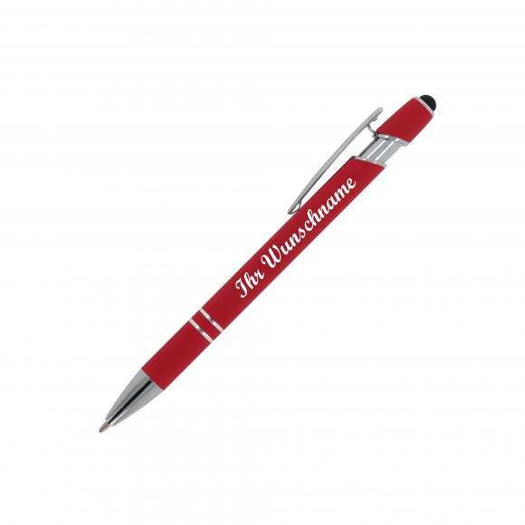 Touchpen Kugelschreiber mit Namensgravur - aus Metall - Soft-Touch - Farbe: rot