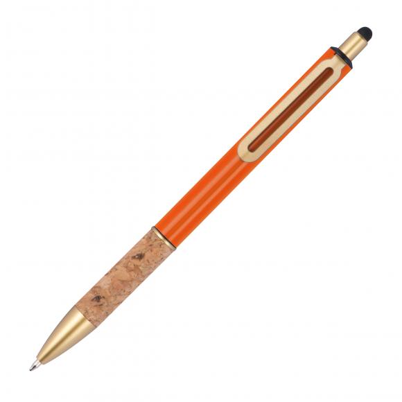 Touchpen Metall-Kugelschreiber mit Gravur / mit Korkgriffzone / Farbe: orange