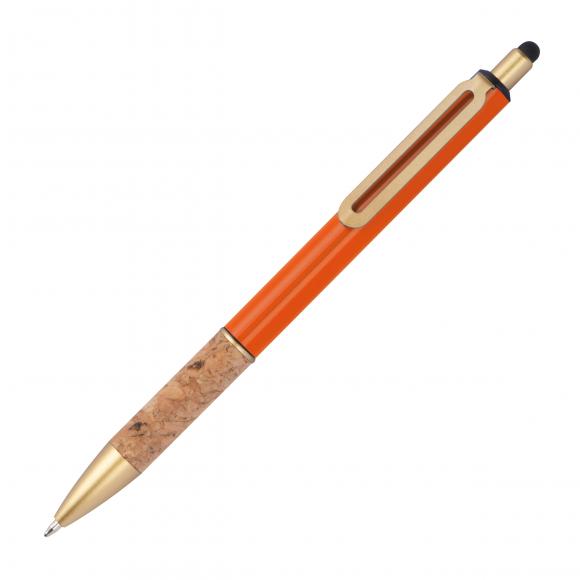 Touchpen Metall-Kugelschreiber mit Gravur / mit Korkgriffzone / Farbe: orange