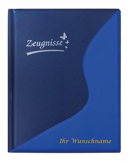 Zeugnismappe mit Gravur / mit 12 Hüllen / Farbe: metallic blau