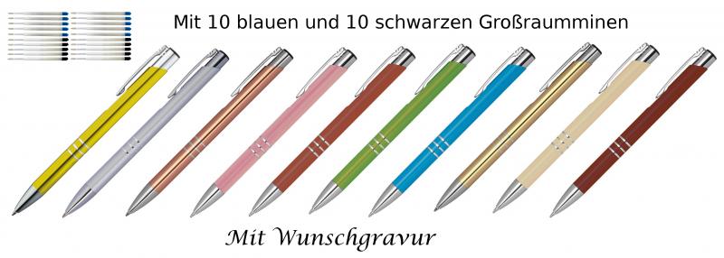 10 Metall Kugelschreiber mit Gravur / je 10 schwarze + blaue Minen / 10 Farben