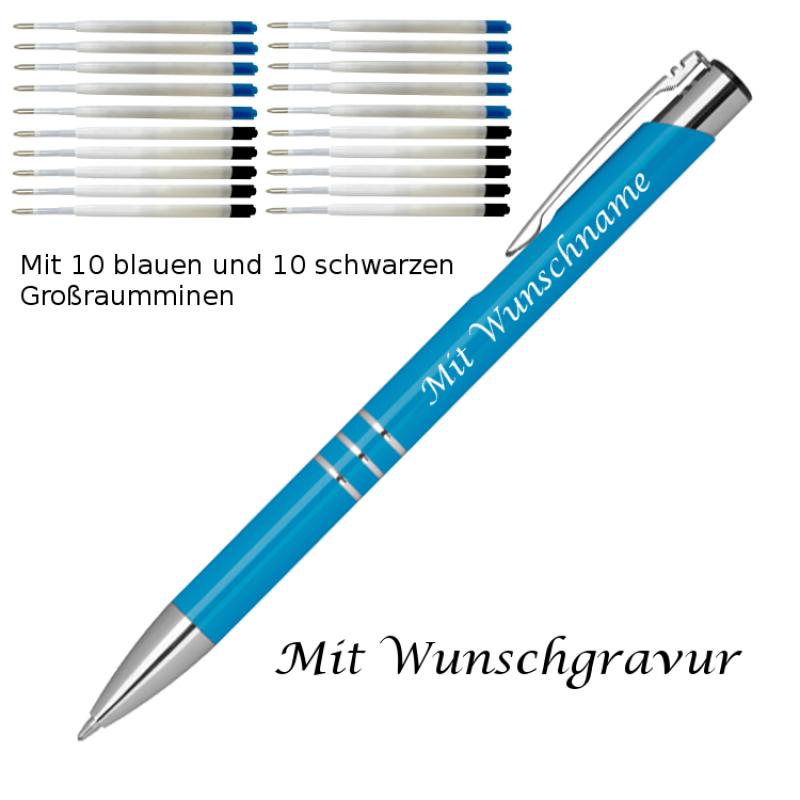 10 Metall Kugelschreiber mit Gravur / je 10 schwarze + blaue Minen / hellblau