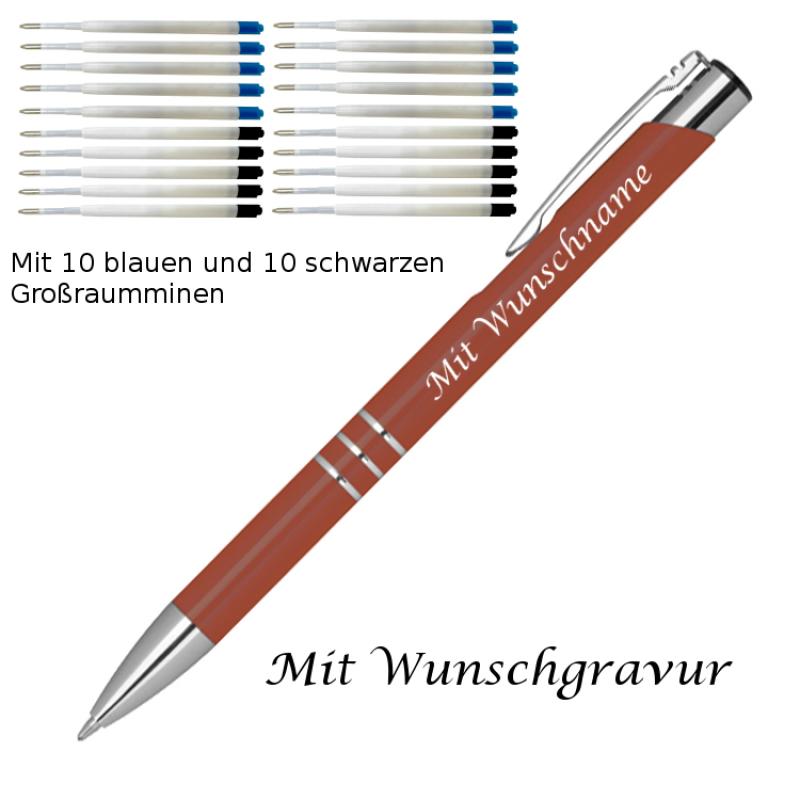 10 Metall Kugelschreiber mit Gravur / je 10 schwarze + blaue Minen / kupfer