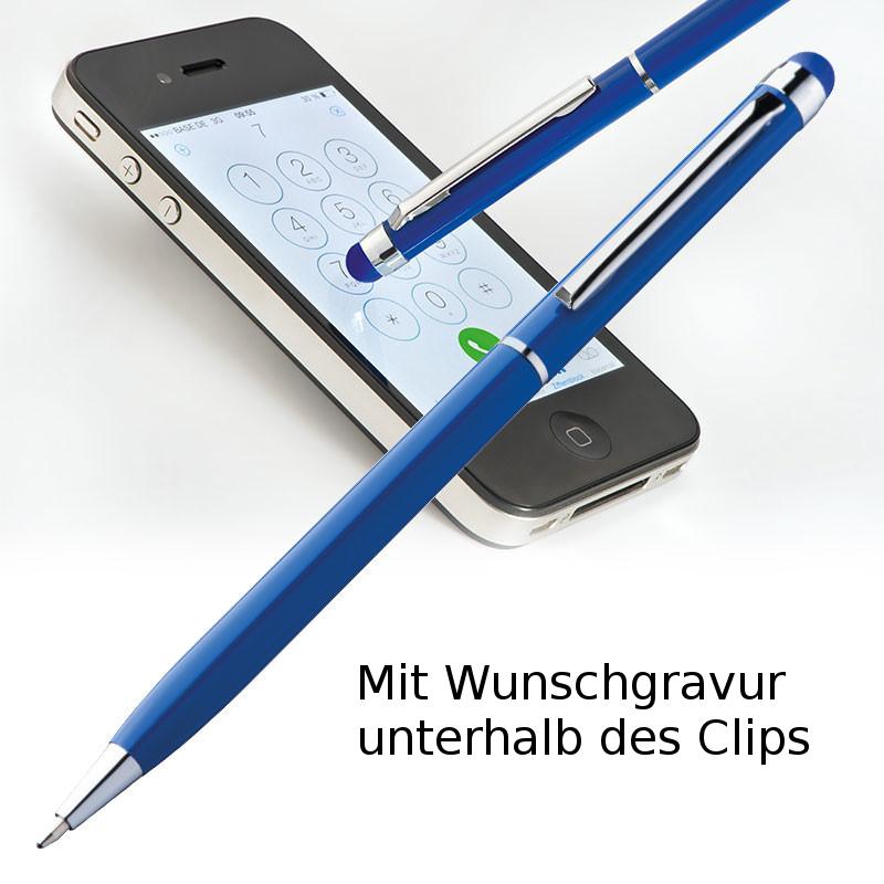 10 Touchpen Drehkugelschreiber mit Gravur / aus Edelstahl / Farbe: blau