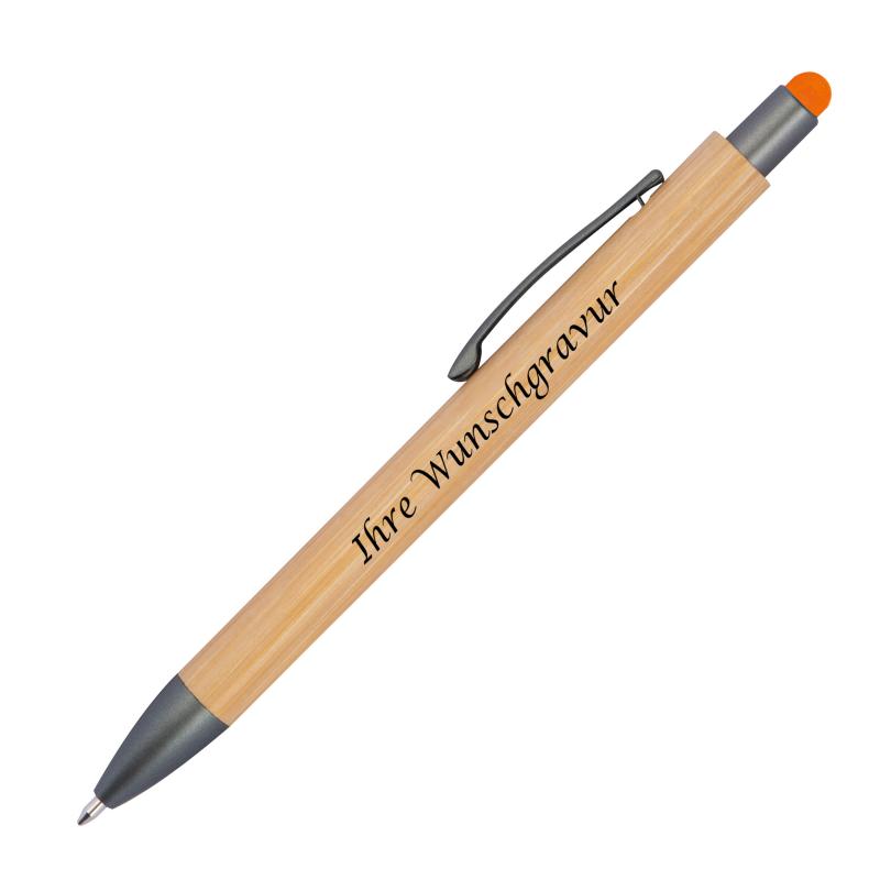 10 Touchpen Holzkugelschreiber aus Bambus mit Gravur / Stylusfarbe: orange