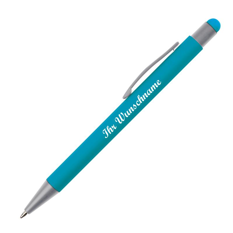 10 Touchpen Kugelschreiber mit Namensgravur / aus Metall / Farbe: hellblau