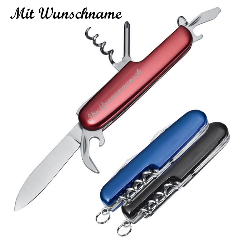 3x Edles 7-teiliges Taschenmesser mit Namensgravur - je 1x schwarz, blau, rot