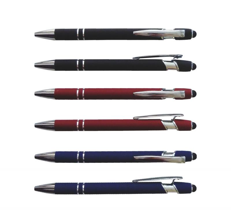 3x Touchpen-Kugelschreiber aus Metall / gummiert / je 1x schwarz, rot, blau