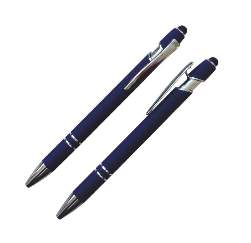 3x Touchpen-Kugelschreiber aus Metall / gummiert / je 1x schwarz, rot, blau