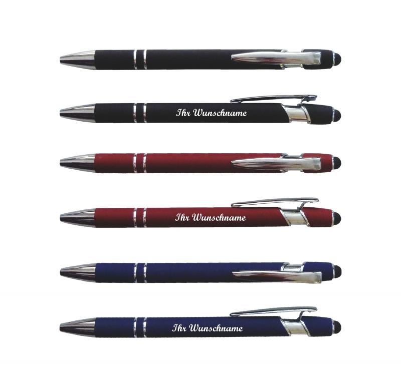 3x Touchpen-Kugelschreiber aus Metall mit Namensgravur - je 1x schwarz,rot,blau