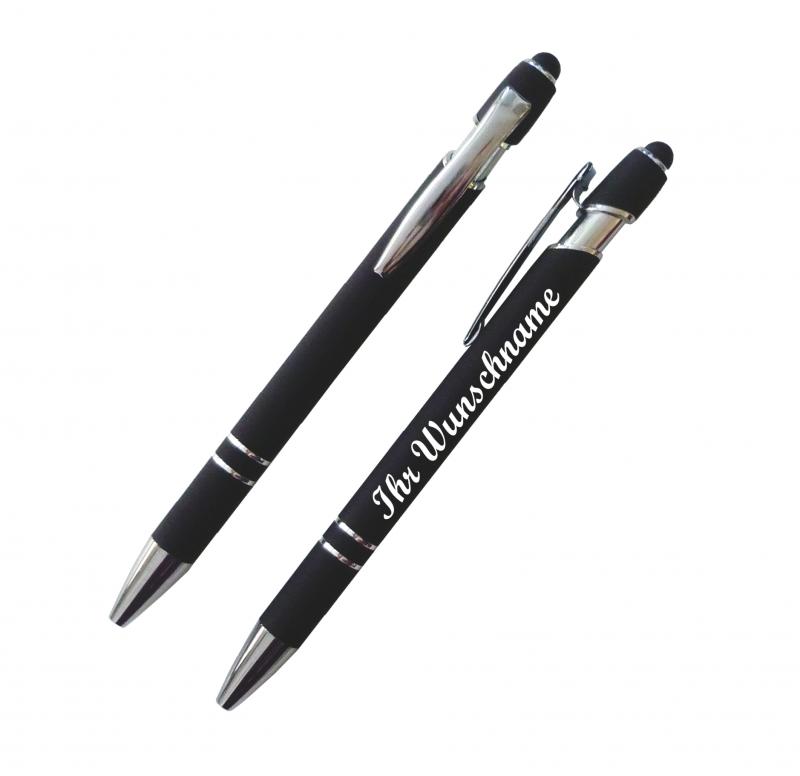 3x Touchpen-Kugelschreiber aus Metall mit Namensgravur - je 1x schwarz,rot,blau