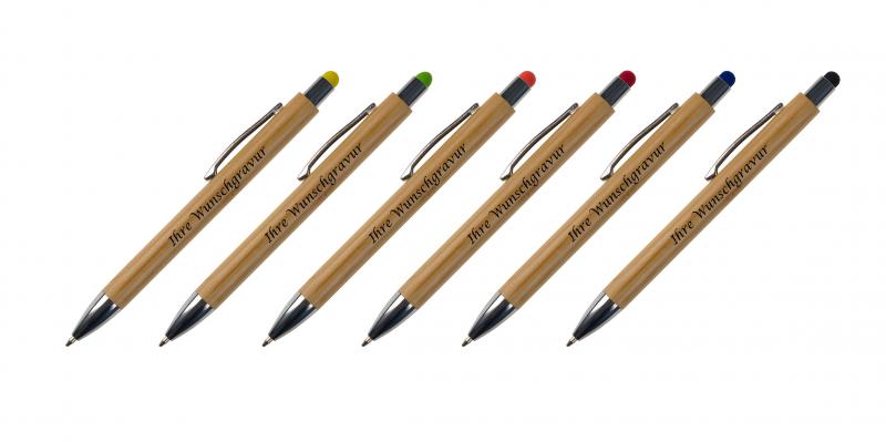 6x Touchpen Holz-Kugelschreiber mit Gravur / 6 verschiedene Stylusfarben