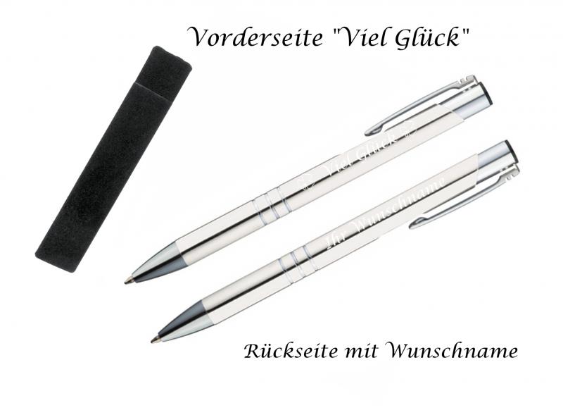 Glücks-Kugelschreiber mit beidseitiger Gravur / mit Velouretui / Farbe: weiß