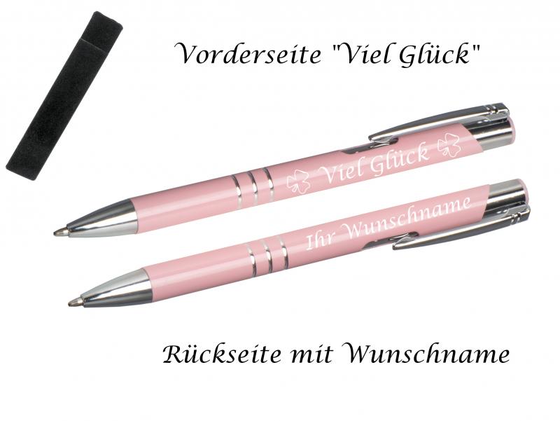 Glücks-Kugelschreiber mit beidseitiger Gravur / mit Velouretui / pastell rosa