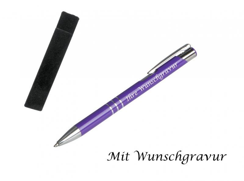 Kugelschreiber mit Gravur / aus Metall mit Velouretui / Farbe: violett