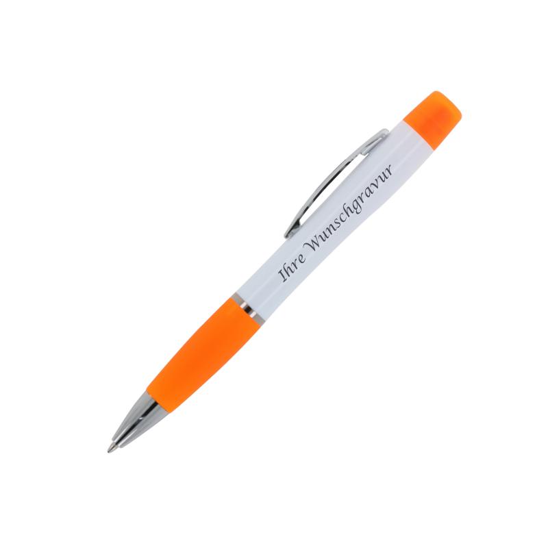 Kugelschreiber mit Gravur / mit dreifarbigen Textmarker / Farbe: weiß-orange