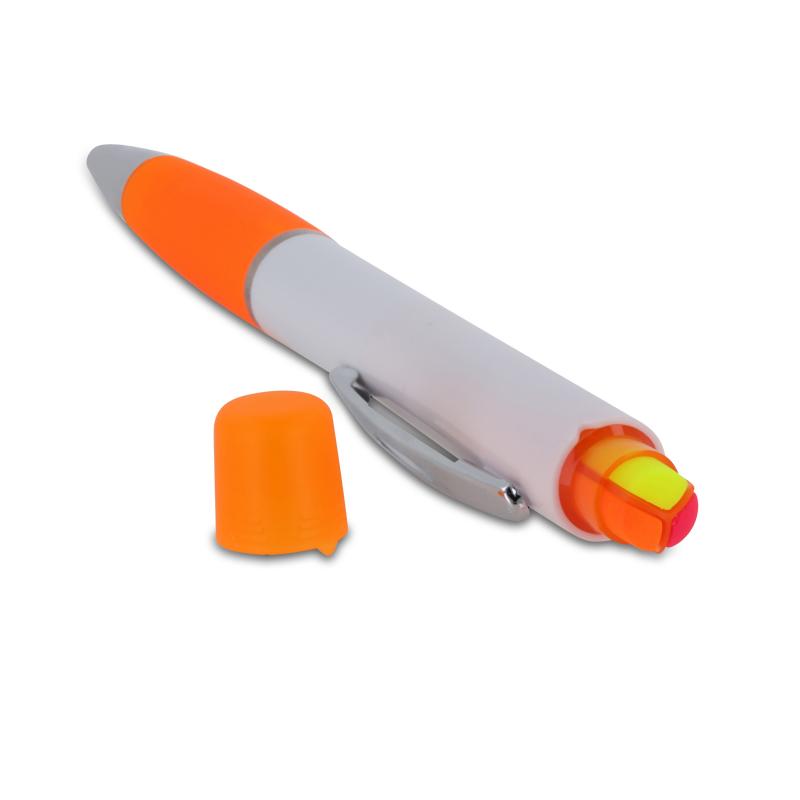 Kugelschreiber mit Gravur / mit dreifarbigen Textmarker / Farbe: weiß-orange