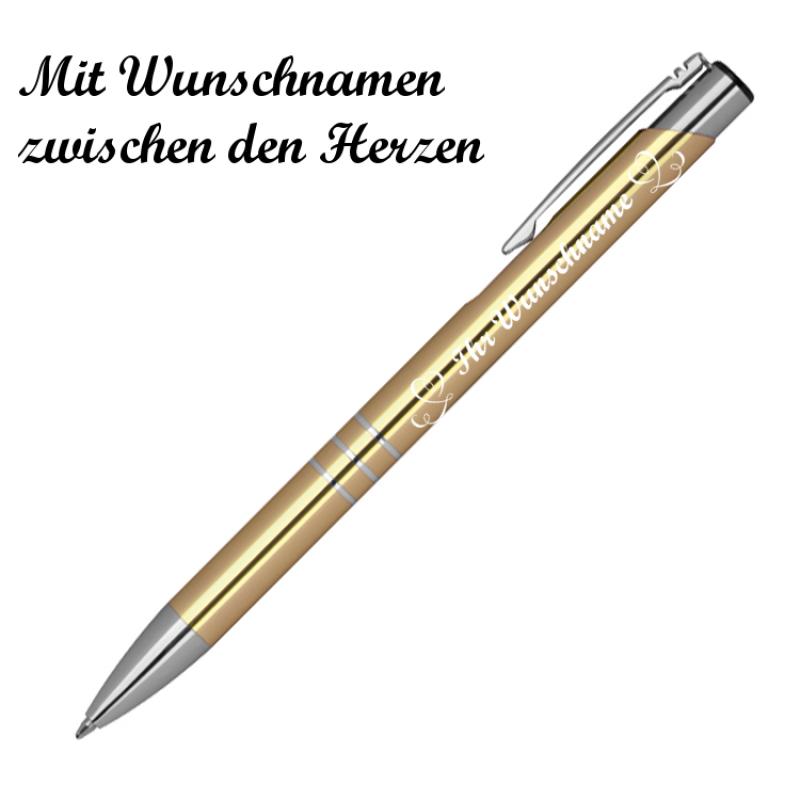 Kugelschreiber mit Namensgravur "Herzen" - aus Metall - Farbe: gold