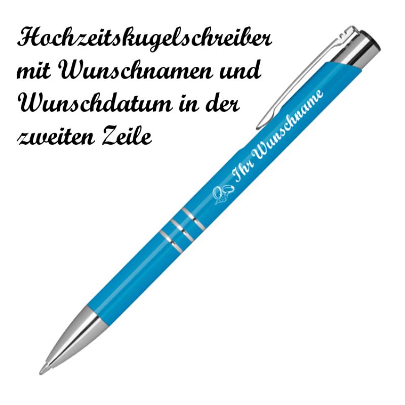 Kugelschreiber mit Namensgravur "Hochzeit" - aus Metall - Farbe: hellblau