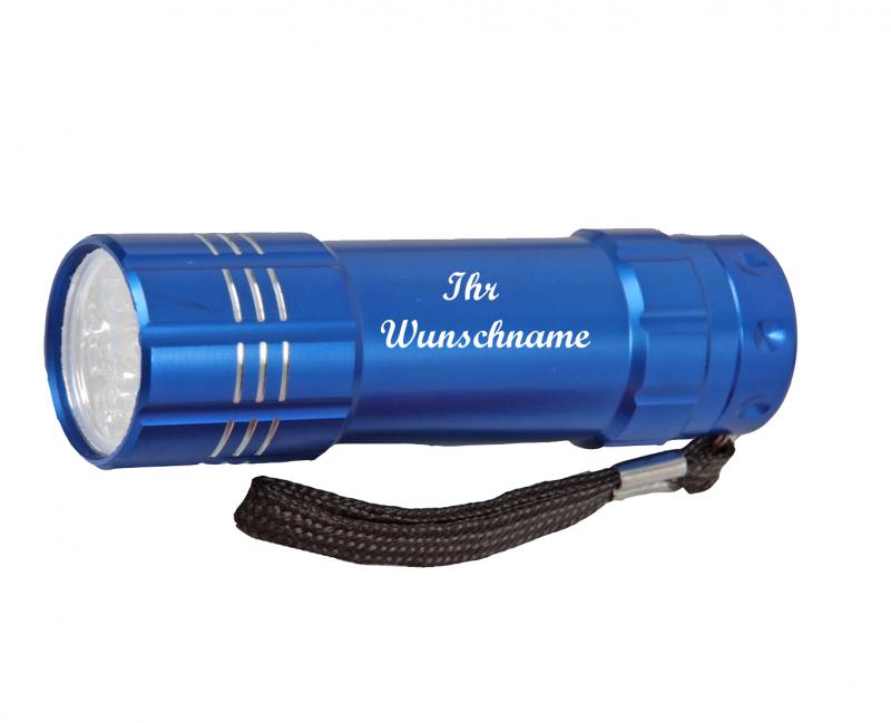 LED Taschenlampe mit Namensgravur - aus Metall - Farbe: blau