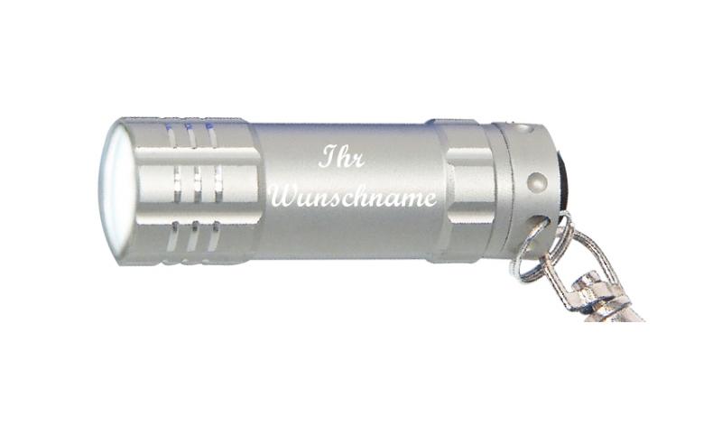 LED Taschenlampe mit Namensgravur - aus Metall mit Karabinerhaken - silber