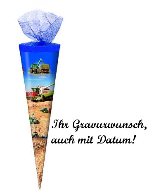 Schultüte mit Namensgravur - 35cm rund - Tüllverschluss - "Landmaschinen"