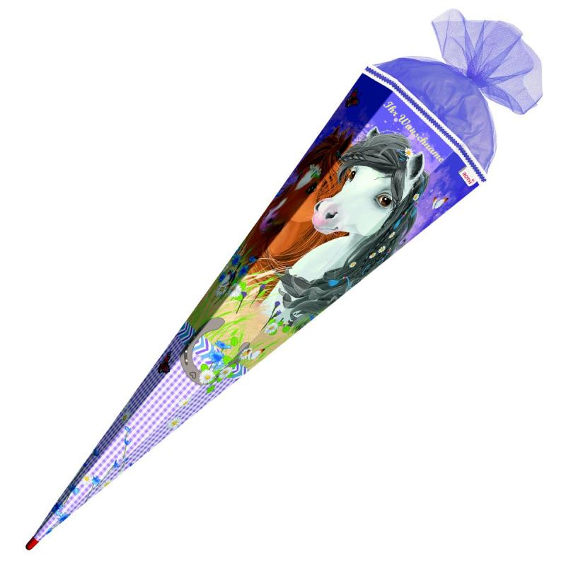 Schultüte mit Namensgravur - Zuckertüte - 85cm / eckig - "Blumenpferde"