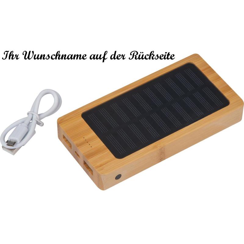 Solar Powerbank im Bambusgehäuse mit Namensgravur - mit 8.000 mAh Leistung