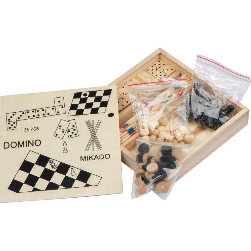 Spieleset in einer Holzbox mit Schach, Mikado, Dame, Domino mit Namensgravur