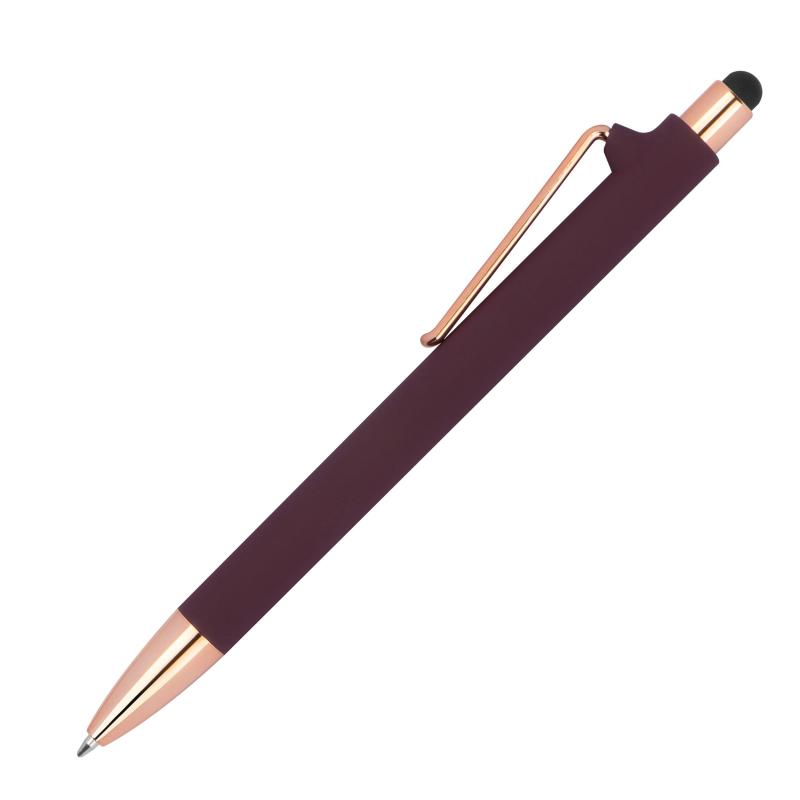 Touchpen-Kugelschreiber aus Metall / gummiert / Farbe: roségold-bordeaux