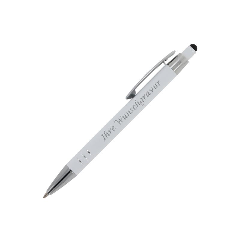 Touchpen Kugelschreiber mit Gravur / aus Metall / mit Soft-Touch / Farbe: weiß