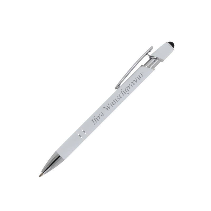 Touchpen Kugelschreiber mit Gravur / aus Metall / Soft-Touch / Farbe: weiß