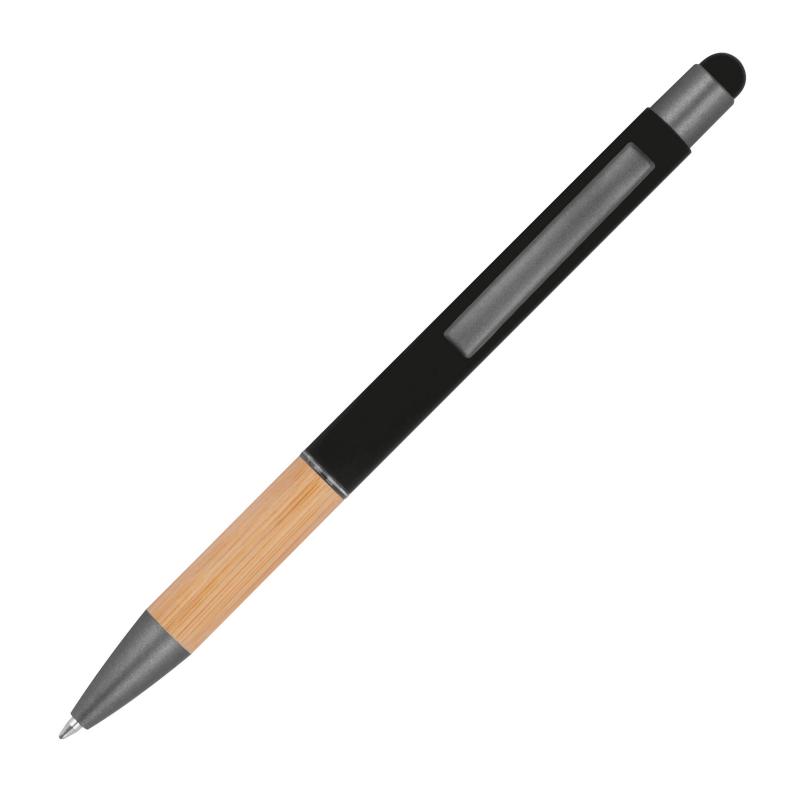 Touchpen Kugelschreiber mit Griffzone aus Bambus mit Gravur / Farbe: schwarz