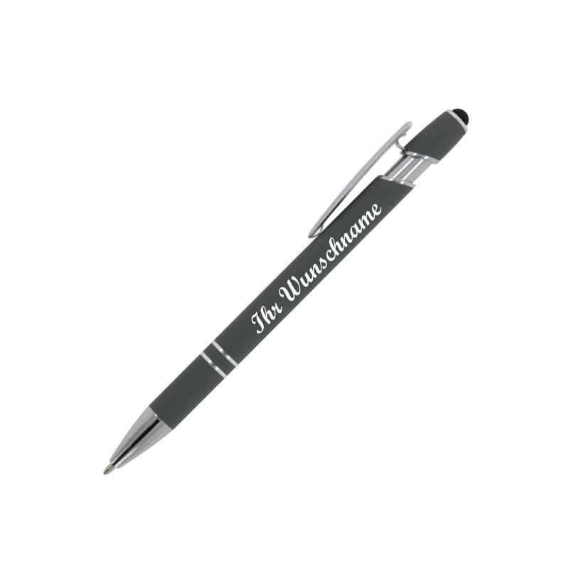 Touchpen Kugelschreiber mit Namensgravur - aus Metall - Soft-Touch - Farbe: grau