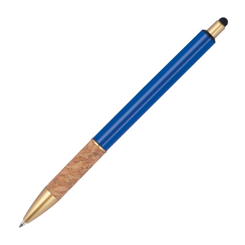 Touchpen Metall-Kugelschreiber mit Gravur / mit Korkgriffzone / Farbe: blau