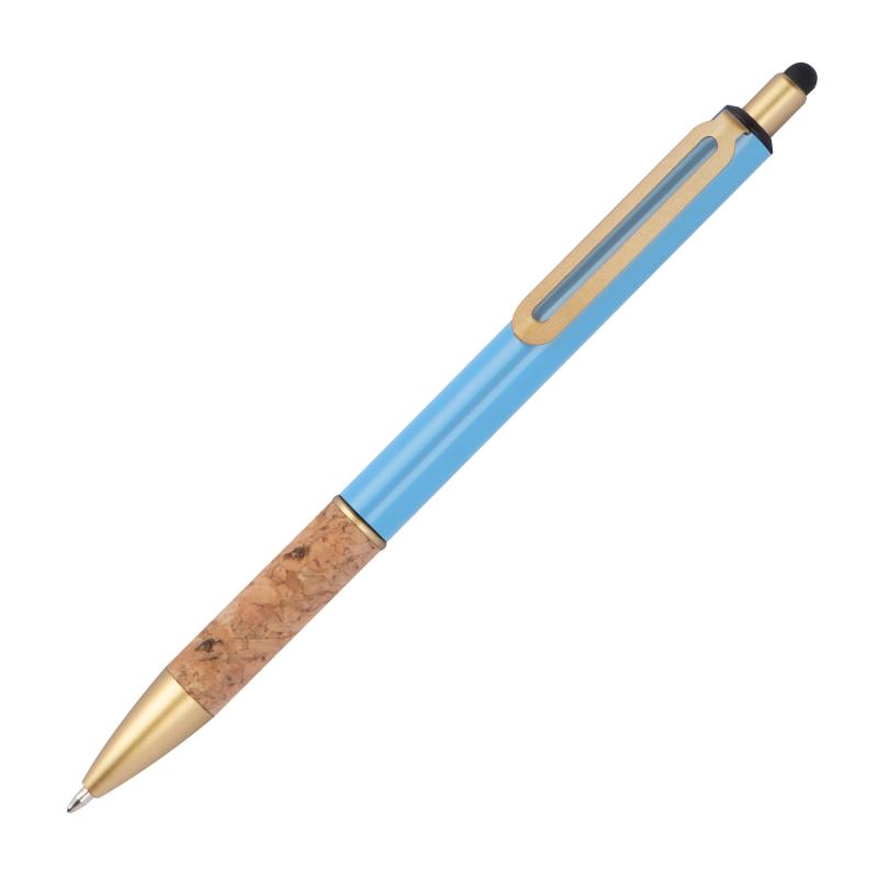 Touchpen Metall-Kugelschreiber mit Namensgravur - mit Korkgriffzone - hellblau