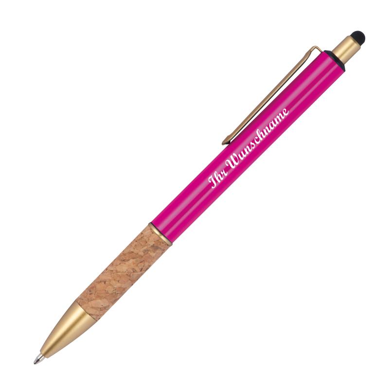 Touchpen Metall-Kugelschreiber mit Namensgravur - mit Korkgriffzone - pink