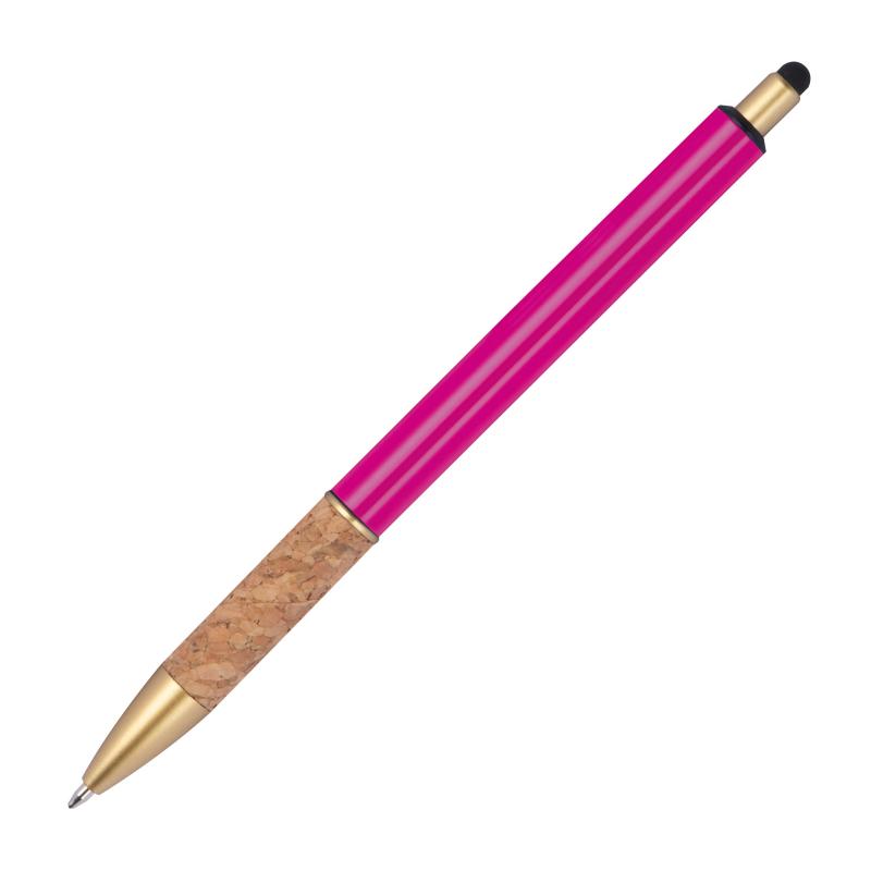 Touchpen Metall-Kugelschreiber mit Namensgravur - mit Korkgriffzone - pink