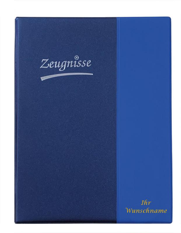 Zeugnismappe mit Gravur / Zeugnisringbuch A4 mit 10 Hüllen /Farbe: metallic blau